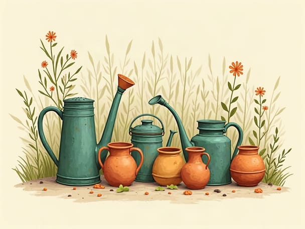 Antique watering cans and clay pots arranged in a garden shed