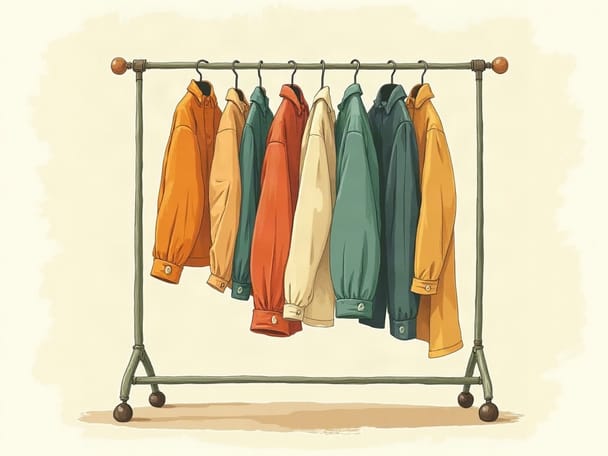 A secondhand clothing rack with colorful price tag stickers