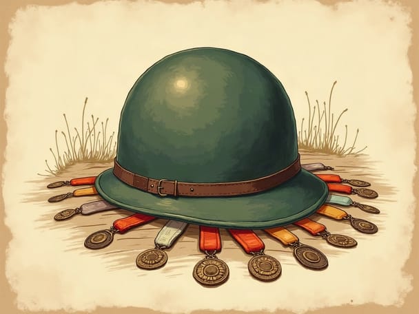 A military steel helmet and service medals displayed on a wooden surface