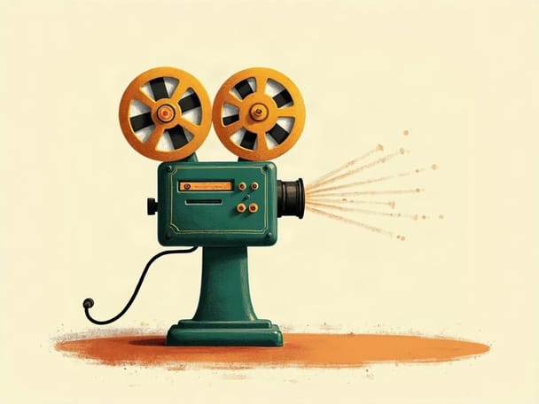 A vintage 35mm film projector with two reels and a beam of light