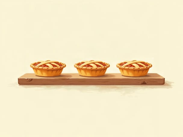 A row of tiny miniature fruit pies with lattice crusts on a wooden board