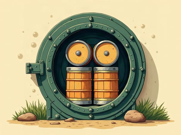 A round steel bank vault door partly open with beer kegs visible inside