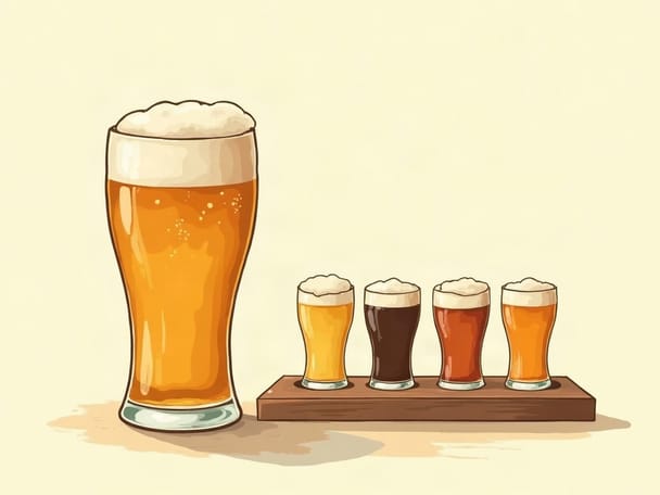 A pint glass of hazy golden orange beer beside a wooden tasting flight board with four sample glasses