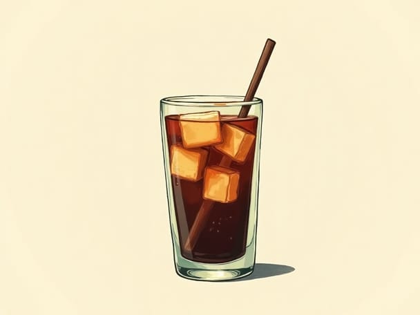 A tall glass of dark cold brew coffee with ice cubes and a wooden stirrer