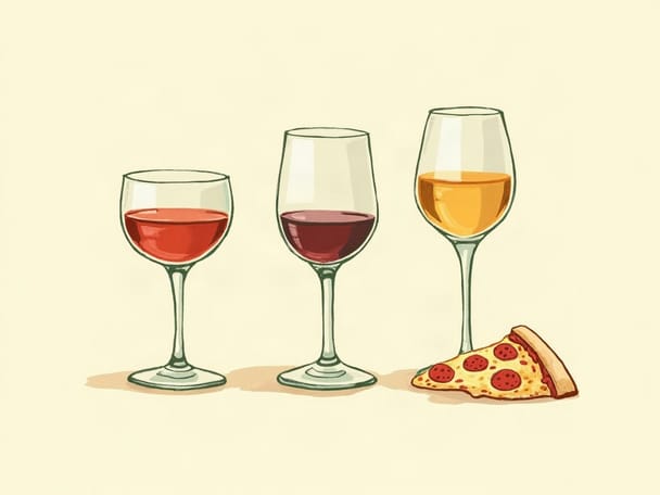 Three small wine glasses in a row beside a personal pizza on a table