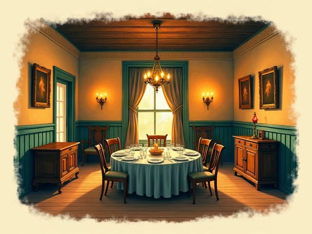 A candlelit historic dining room with antique wooden furniture and warm light