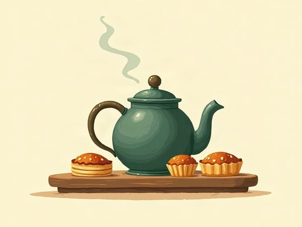 A steaming teapot surrounded by small pastries on a wooden tray