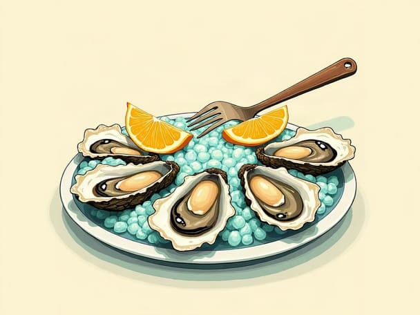A plate of fresh oysters on ice with lemon wedges and a cocktail fork