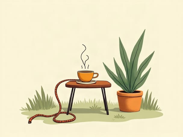 A steaming coffee cup on a small outdoor table beside a dog leash and a potted plant