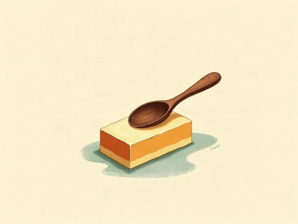 A wooden ice cream scoop resting on a block of cream-colored ice cream base