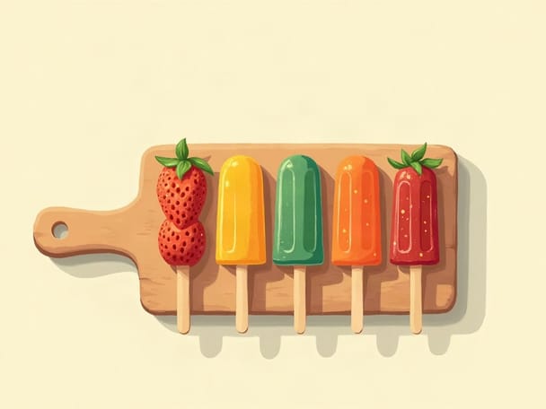 A row of colorful fruit paletas popsicles on a wooden cutting board