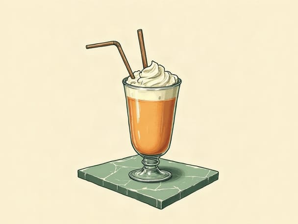 A vintage soda fountain glass of milkshake with a paper straw on a marble counter
