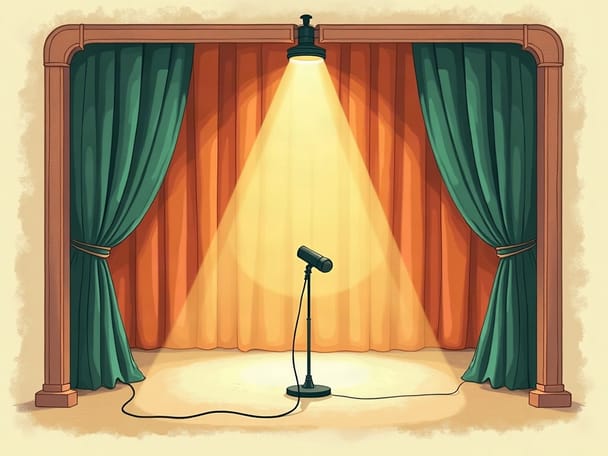 A vintage theater stage with a single spotlight shining on a microphone on a stand