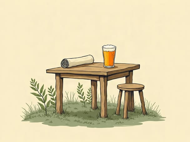 A wooden pub table with a pint glass and a rolled up quiz answer sheet