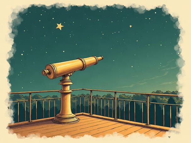 A brass telescope on a rooftop railing pointing up at a starry night sky