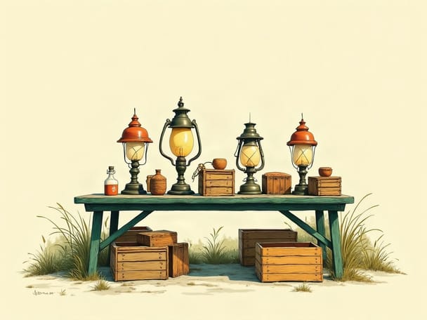 An outdoor wooden market table piled with old lamps and crates.