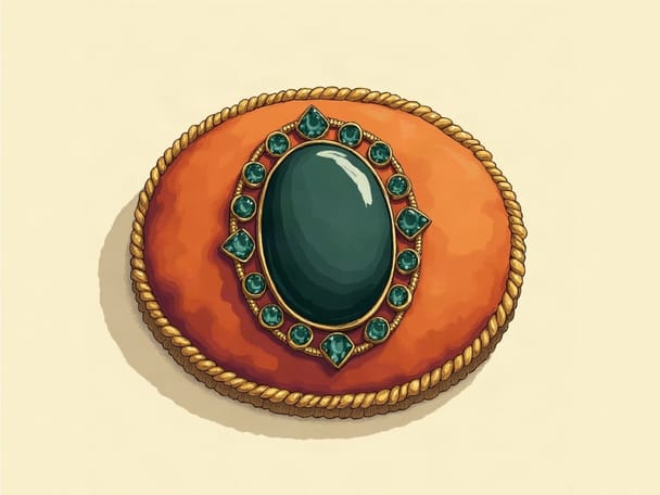 A black oval Victorian brooch resting on a velvet cushion.