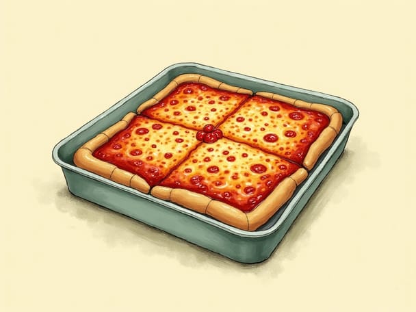 A square tomato pie with bright red sauce on top of melted cheese, cut into squares on a metal tray
