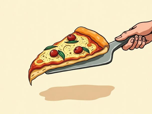 A thick Greek-style pan pizza slice with a crispy golden bottom crust and airy middle, held up on a flat spatula