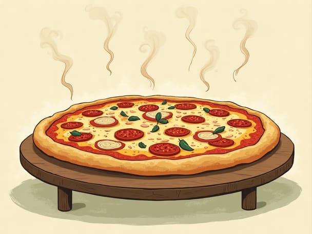 An enormous thirty-inch round pizza on a wooden table that barely fits it, steam rising