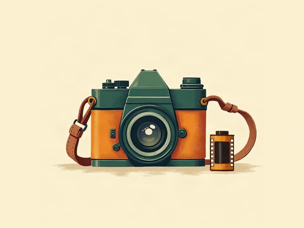 A vintage film camera with a leather strap and a roll of developed film