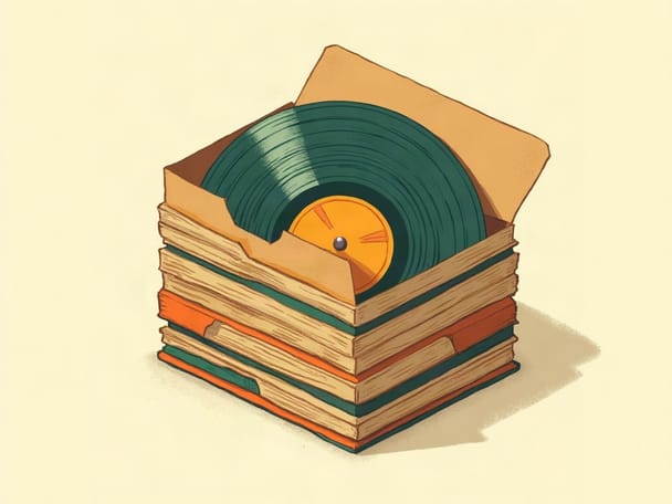 A stack of vinyl records in paper sleeves with one record pulled out showing grooves