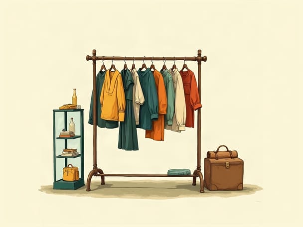 A secondhand clothing rack with assorted garments and a small jewelry case beside it