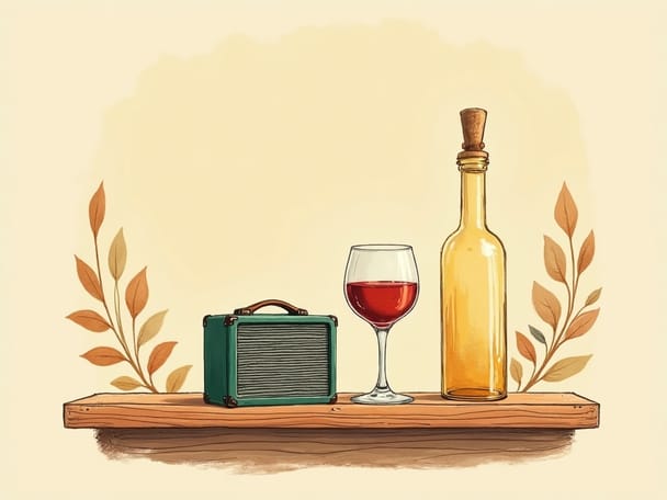 A wine glass next to a small acoustic amplifier on a wooden tasting room counter