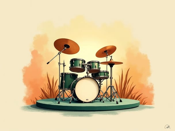 A drum kit on a small stage with cymbals catching warm light