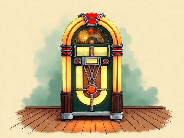 A 1950s jukebox glowing on a wooden dance floor