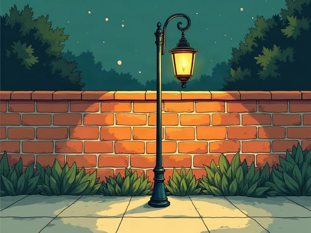A lit lantern on an iron post beside a brick wall at night