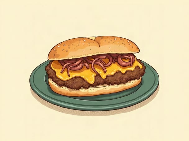 A loaded cheesesteak sandwich with melted cheese and fried onions on a plate