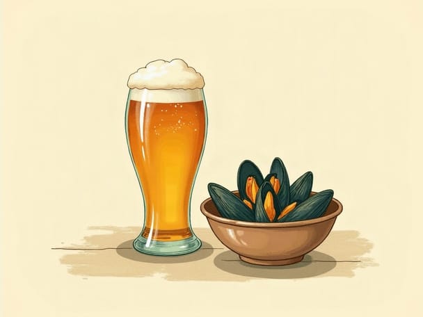 A glass of golden Belgian beer with a thick white head beside a bowl of steamed mussels
