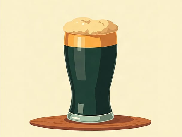 A pint glass of dark stout beer with a creamy tan head on a wooden bar top
